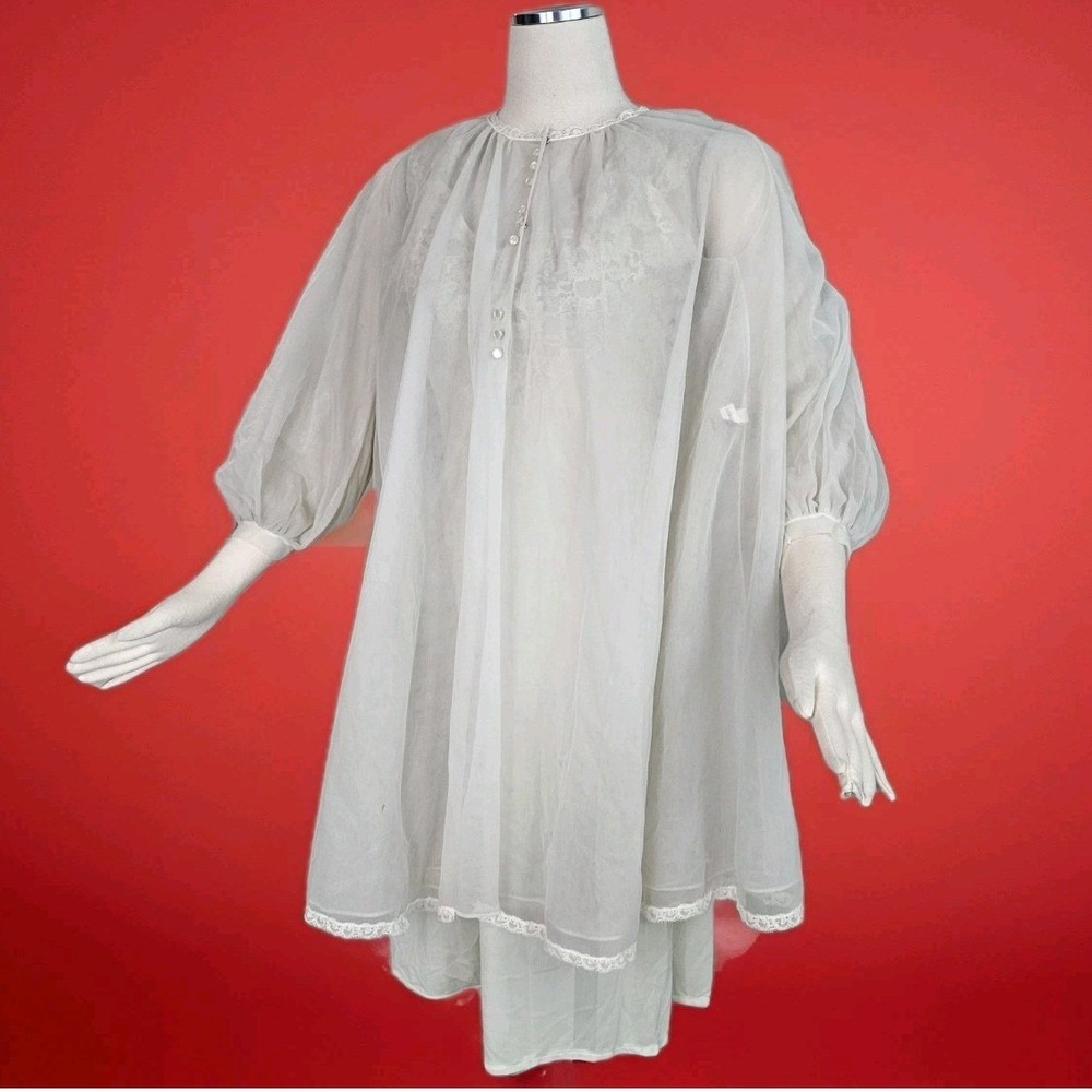 Vintage 1960's Robe Peignoir Lingerie White Chiffon Mod Sheer Duster Ghostly